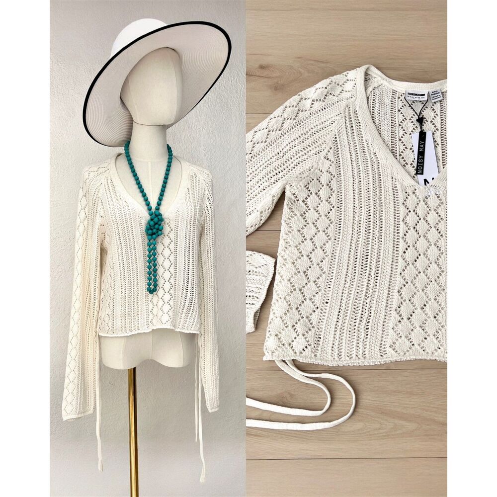 NWT Noisy May Luna Open Knit Crochet-Style Off White Summer Sweater Cover-Up Lrg